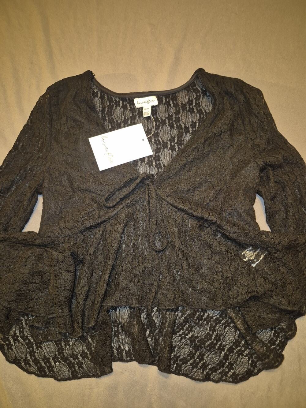 New Love Fire Sheer Floral Lace Long Sleeve Tie-Front Ruffle Top Boho Xs